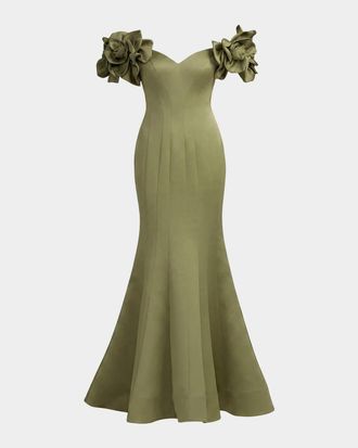 Mac Duggal Embellished Satin Off-Shoulder Trumpet Gown