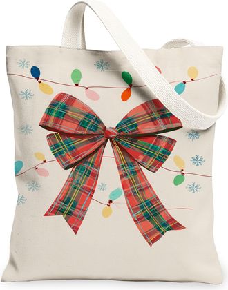 Generic Christmas Bow Canvas Tote Bags, Holiday Ribbon Pattern Reusable Grocery Bags, Winter Vintage Lightweight Washable Shoulder, Beige, 13x15 Inch