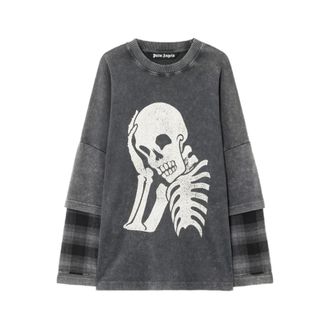 Palm Angels Long Sleeve Tops, male, Gray, Size: 2XL Skull Double Long-Sleeve Shirt
