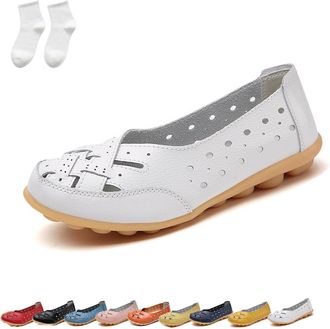 Generic Orthopedic Loafers for Women, Womens Loafers & Moccasins,Hollow Out Comfortable Leather Round Toe Flats (White, Adult, Women, 6, Numeric, UK Footwear 