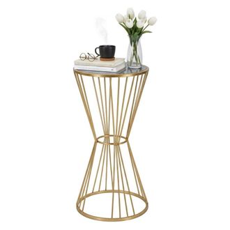Dmora Dmora - Mesa De Caf&eacute; Aldruda, Mesa De Centro Baja, Revistero Para Sof&aacute;, Estante De La Sala De Estar, 40x40 H80 Cm, Oro