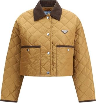 Prada Jassen, Dames, Geel, M, Leer, Fluwelen Kraag Korte Jas