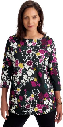Jessica London Stretch Cotton Boatneck Tunic in Black Multi Flower at Nordstrom, Size 28