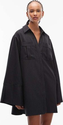 Asos Vestito camicia corto grigio scuro a righe con polsini ampi e tasche oversize