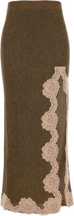 Valentino Garavani Falda Midi de L&uacute;rex Acanalada con Ribete de Encaje - Skirts - Mujer - Marr&oacute;n - S