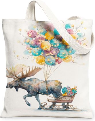 Generic Fanciful Moose Canvas Tote Bags, Vintage Balloon Pattern Reusable Grocery Bags, Holiday Lightweight Washable Shoulder Strap, White, 13x15 Inch
