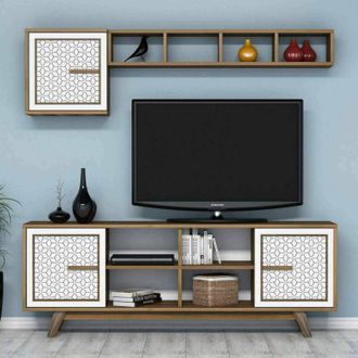 Dmora Dmora - Mueble De Televisi&oacute;n Diph, Aparador De Sal&oacute;n, Mueble Bajo Para Tv, Base De Pared Equipada, 160x35h56 Cm, Nogal Y Blanco, Con Embalaje Reforzad