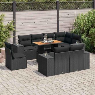 vidaXL Set De Sof&aacute;s De Jard&iacute;n Con Cojines 9 Pzas Rat&aacute;n Sint&eacute;tico Negro Vidaxl