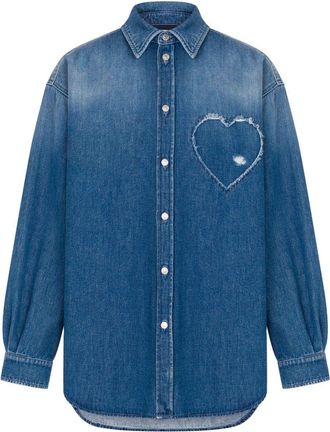 Moschino Frayed Heart-Patch Denim Shirt