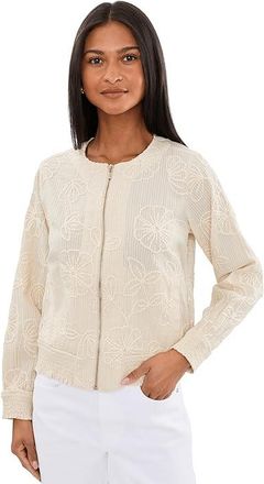 Liverpool L.A. Long Sleeve Collarless Jacket With Smocking Womens Jacket Pale Sand Stripe : XL, Cotton