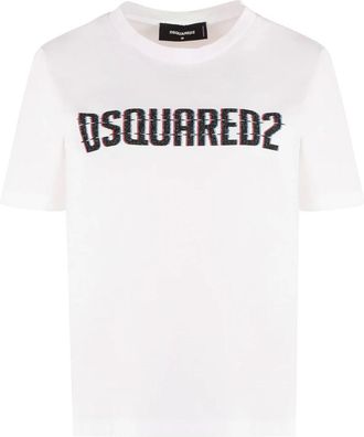 Dsquared2 Tops, Dames, Wit, M, Katoen, Logo Katoenen T-Shirt