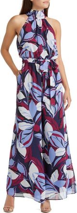 Eliza J Print Tie Waist Wide Leg Jumpsuit in Blue at Nordstrom, Size 10