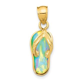 Diamond2Deal 14k Yellow Gold Polished 3D Created White Opal Flip Flop Pendant