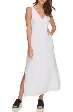 DKNY V-Neck Linen Maxi Dress in White at Nordstrom, Size X-Small