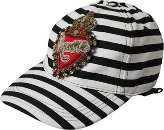 Dolce & Gabbana Womens Striped Baseball Cap With Embellished Heart - White Cotton - One Size