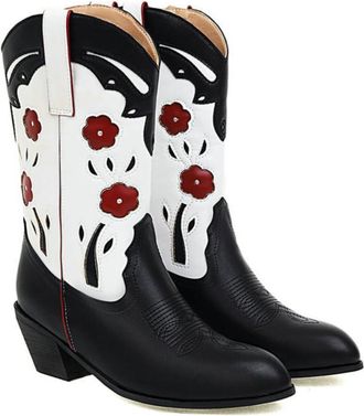 Generic Womnen Western Style Embroidered Knee High Boots with Chunky Heel,Pull On Design for Casual and Everyday,Black,7.5 UK