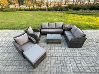 Fimous 8 Seater Rattan Wicker Garden Furniture Conservatory Sofa Set with Rectangular Coffee Table 3 Seater Sofa Love Sofa Big Footstool in Dark Grey