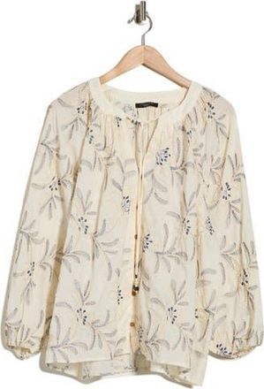 T Tahari Embroidered Long Sleeve Cotton Top in Cream/Deep Blue at Nordstrom Rack, Size 3 X