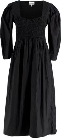 Ganni Black Cotton Poplin Open Neck Smock Midi Dress Size S