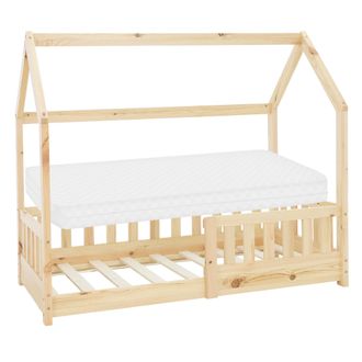 ML Design Ml-design Cama Infantil Casa Natural 70x140 Cm De Madera De Pino Con Colch&oacute;n De Espuma Fr&iacute;a, Protecci&oacute;n Antica&iacute;da Y Techo, Somier De Listones, Cuna De
