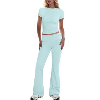 Generic Womens Tracksuits 2 Piece Y2k Outfits Short Sleeve Crop Top and Low Rise Fold Over Flare Yoga Pants Lounge Sets S-L Light Blue