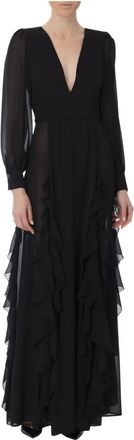 Elisabetta Franchi Zwarte Georgette Avondjurk met V-halslijn - Dames - Feestkleedjes - Zwart - L - Polyester - Kleedjes