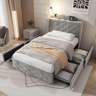 Matteo Upholstered Bed, Storage Bed, 3FT Single Bed With 4 Drawers & Lamp in Grey | Size: Double