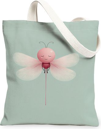 Generic Cute Insect Canvas Tote Bags, Fanciful Bug Pattern Reusable Grocery Bags, Lightweight Washable Shoulder Strap Canvas for Tr, Peach, 13x15 Inch