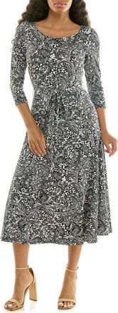 Nina Leonard Crewneck Three-Quarter Sleeve Midi Dress in Black/White Mix at Nordstrom Rack, Size X-Large