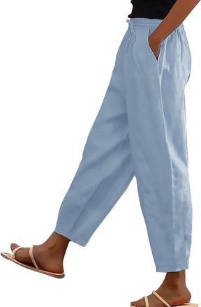 Generic Womens Cotton Linen Pants UK Summer Casual Solid Color Trousers Dressy Trendy Drawstring High Waist Pants Lightweight Comfy Going Out Straight Leg Cap