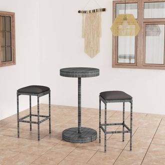 vidaXL Set Muebles Bar Jard&iacute;n 3 Piezas Y Cojines Rat&aacute;n Sint&eacute;tico Gris Vidaxl