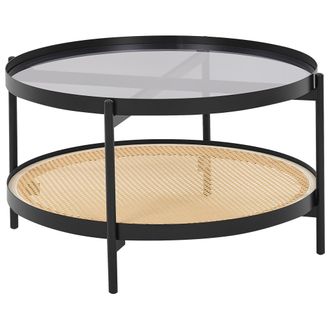 Beliani Beliani - Mesa De Centro Moderna Tablero De Vidrio Estructura Redonda De Metal 1 Estante Trenza Vienesa Madera Clara Reno