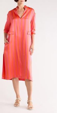 Longchamp Stripe Satin Split Neck Midi Dress in Fuchsia/Orange at Nordstrom Rack, Size 6 Us / 38 Fr