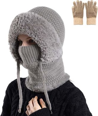 Generic 3 in 1 Beanie Hat with Scarf and Mask, Women Warm Fleece Lined Winter Scarf Mask Set with Pompom(Grey)