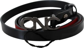 Costume National Womens Black Skinny Leather Logo Buckle Belt