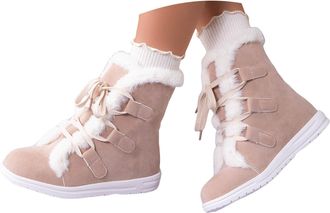 Generic Womens Furry Mid Calf Low Heel Anti-Slip Warm Booties Comfortable for Outdoor Walking Hiking Lace up Snow Boots for women Non Slip Combat Boots