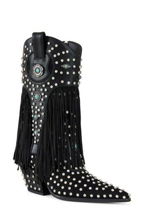 Azalea Wang Greyson Fringe & Stud Cowboy Boot in Black at Nordstrom Rack, Size 7.5