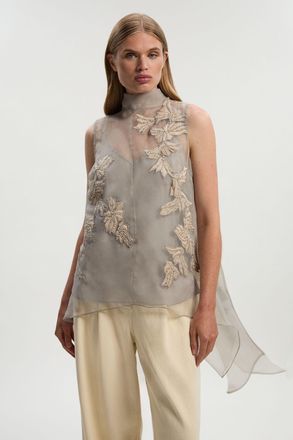 Karen Millen Womens Quilted Applique Organdie Woven Drape Back Blouse - Silver - Size 10 UK