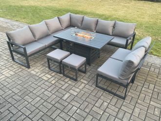 Fimous Aluminium 11 Seater Lounge Corner Sofa Outdoor Garden Furniture Sets Gas Fire Pit Dining Table Set with Footstools in Dark Grey