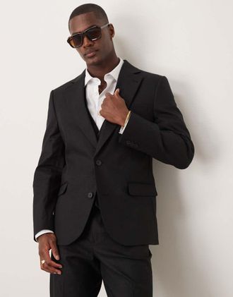 Asos Giacca da abito slim in misto lino nera-Nero