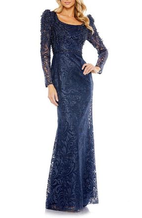 Mac Duggal Embroidered Applique Shoulder Detail Trumpet Gown in Midnight at Nordstrom, Size 14