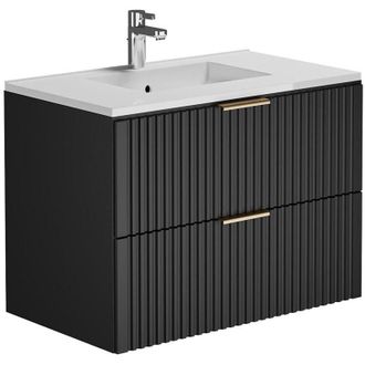 Vente-Unique Vente-unique - Mobile per bagno sospeso con scanalature e lavabo da incasso 80 cm Nero - zevara