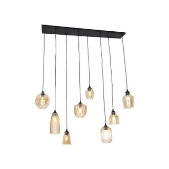 QAZQA Qazqa - Art Deco Pendant Light Black with Amber Glass 8-Light - Hanne