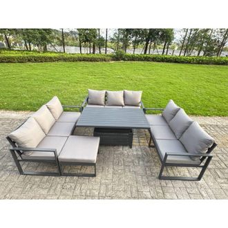 Fimous Fimous U-shaped Garden Furniture Set 10-Seater Aluminium Outdoor Dining Set with Adjustable Rising Lifting Dining Table Big Footstool Dark Grey