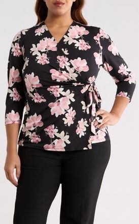 Anne Klein Floral Print Wrap Top in Anne Black Multi at Nordstrom Rack, Size 0 X