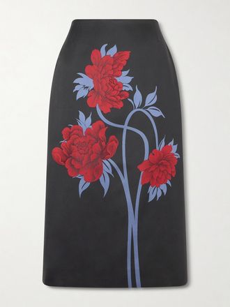 La DoubleJ Gonna Midi In Twill Floreale - Nero