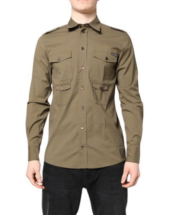 Dolce & Gabbana Brown Cotton Stretch Casual Long Sleeves Mens Shirt