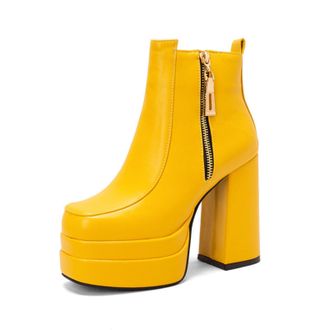 Generic Womens Platform Chunky Block Heel Ankle Boots Heel with Side Zip Detail for Trendy Casual Wear,Yellow,5.5 UK
