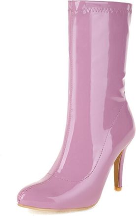 Generic Womens Elegant Patent Leather Stiletto Heel Mid-calf Boots with Pointed Toe,Slip-On Style,Purple,7.5 UK