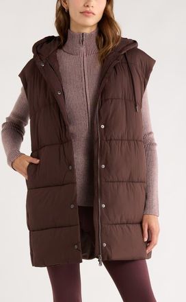 Zella Longline Hooded Puffer Vest in Brown Mole at Nordstrom, Size Xx-Large